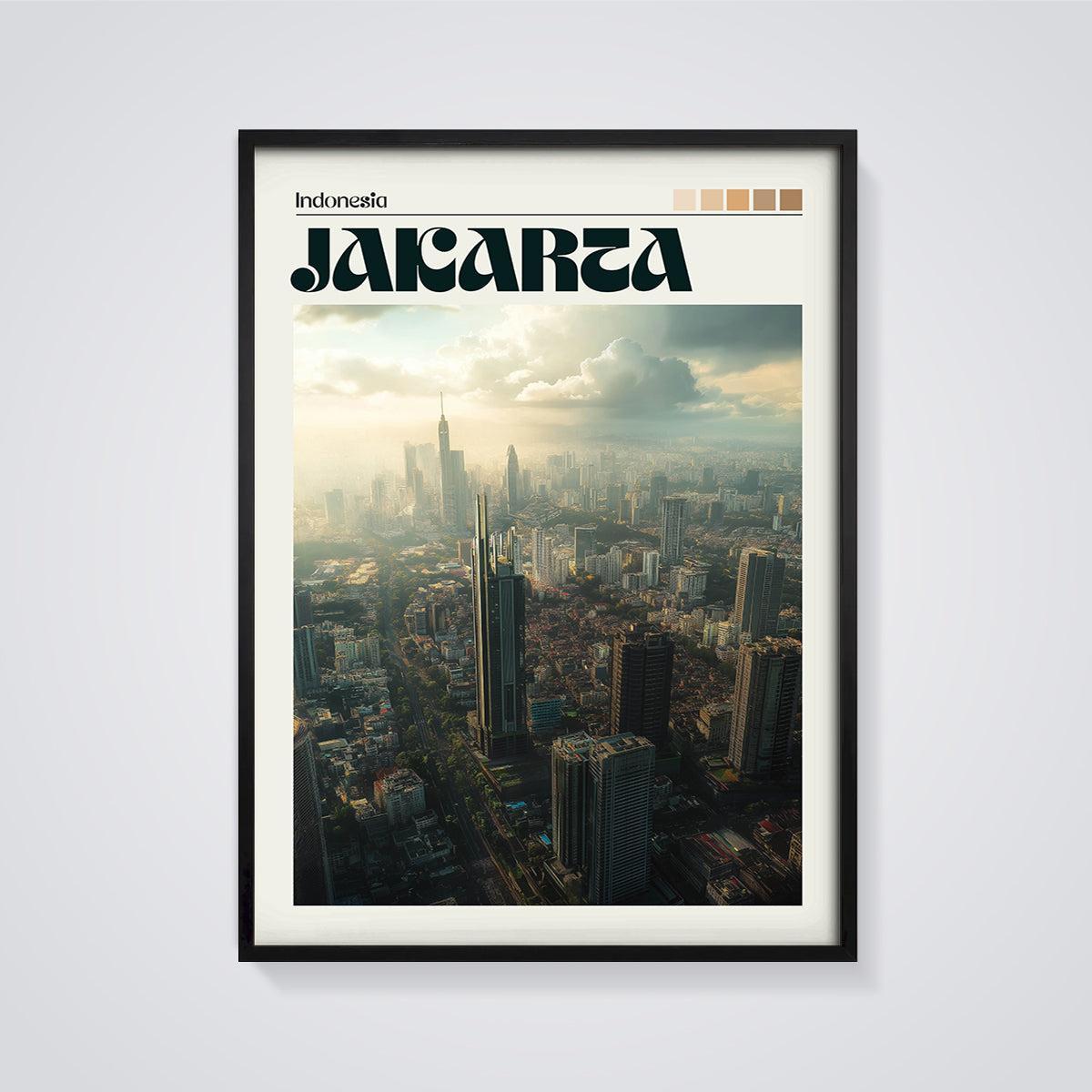 Jakarta Cityscape Print framed in black on a grey background