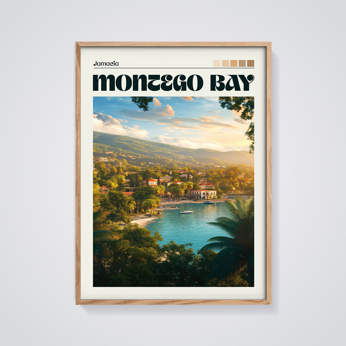 Jamacia Montego Bay Print framed in oak on a grey background