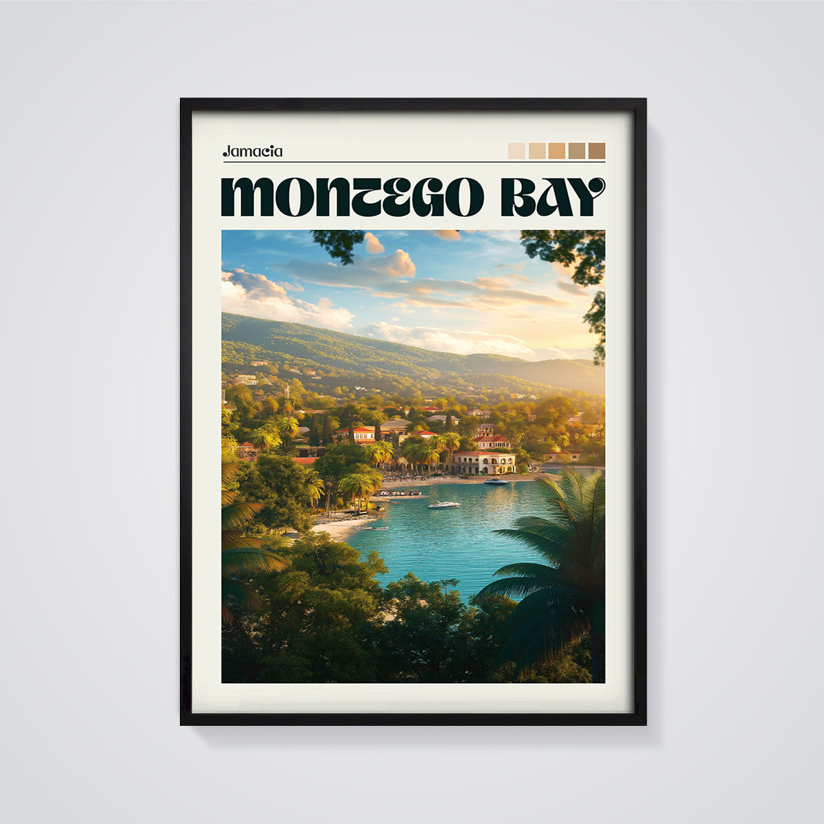 Jamacia Montego Bay Print framed in black on a grey background