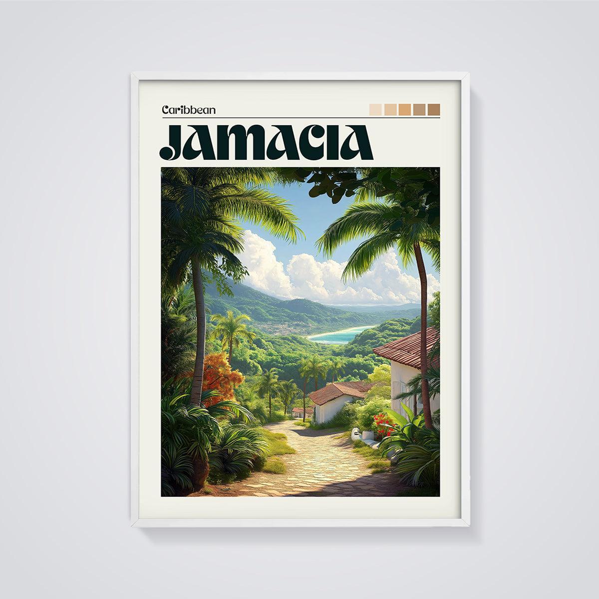 Jamaica Tropical Landscape Print framed in white on a grey background