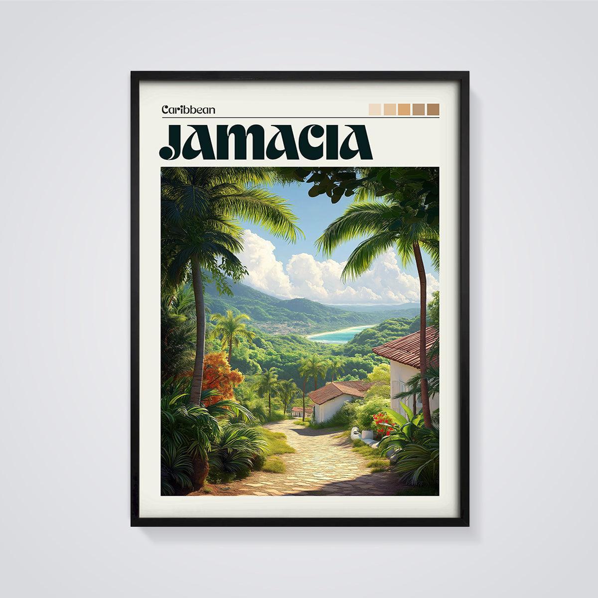 Jamaica Tropical Landscape Print framed in black on a grey background