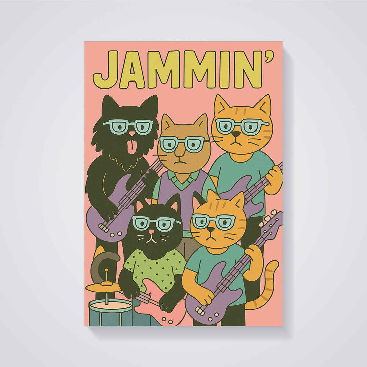 Jammin' Cat Band Print unframed on a grey background