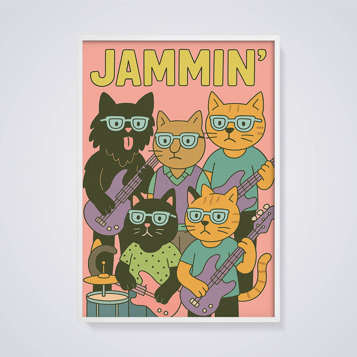Jammin' Cat Band Print framed in white on a grey background