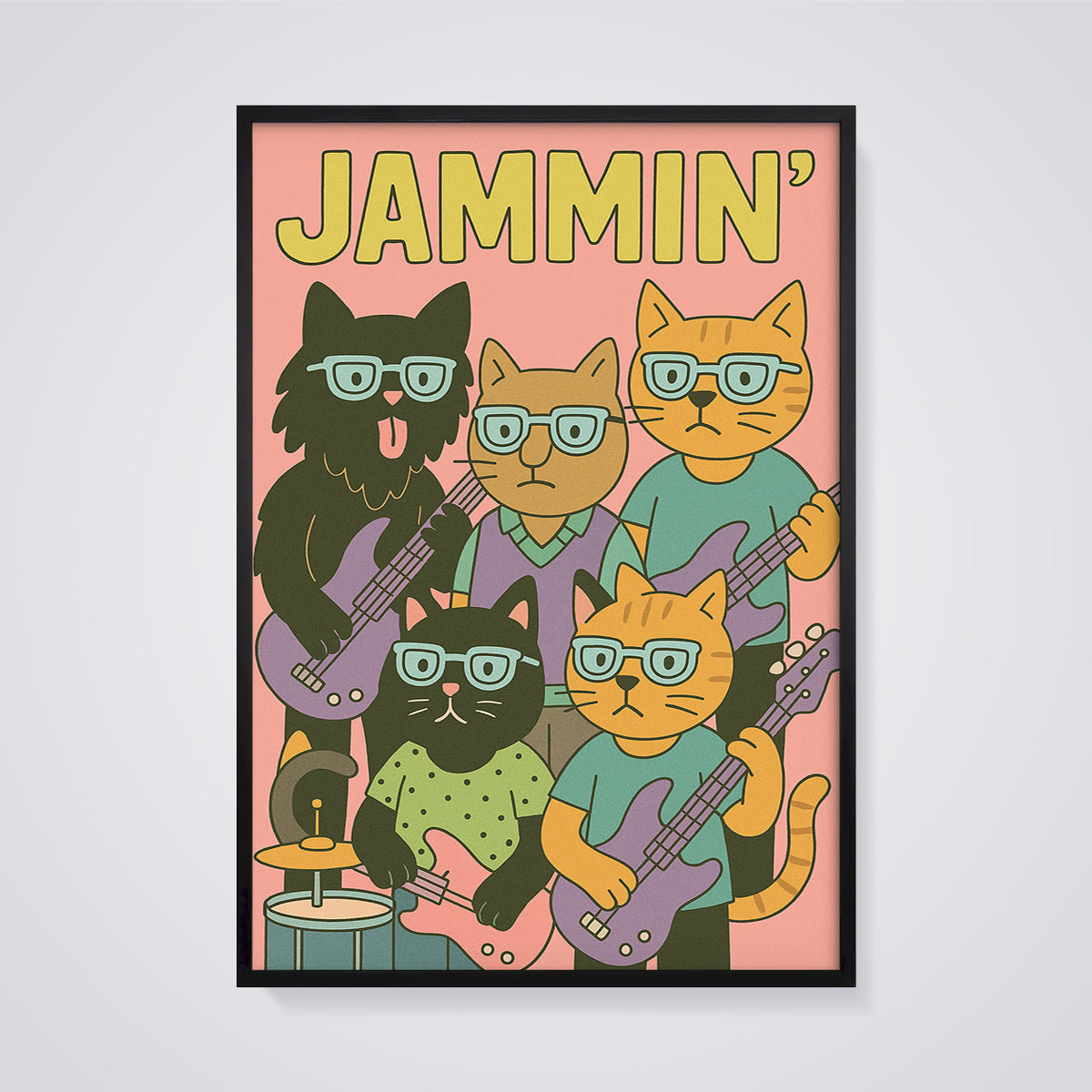 Jammin' Cat Band Print framed in black on a grey background