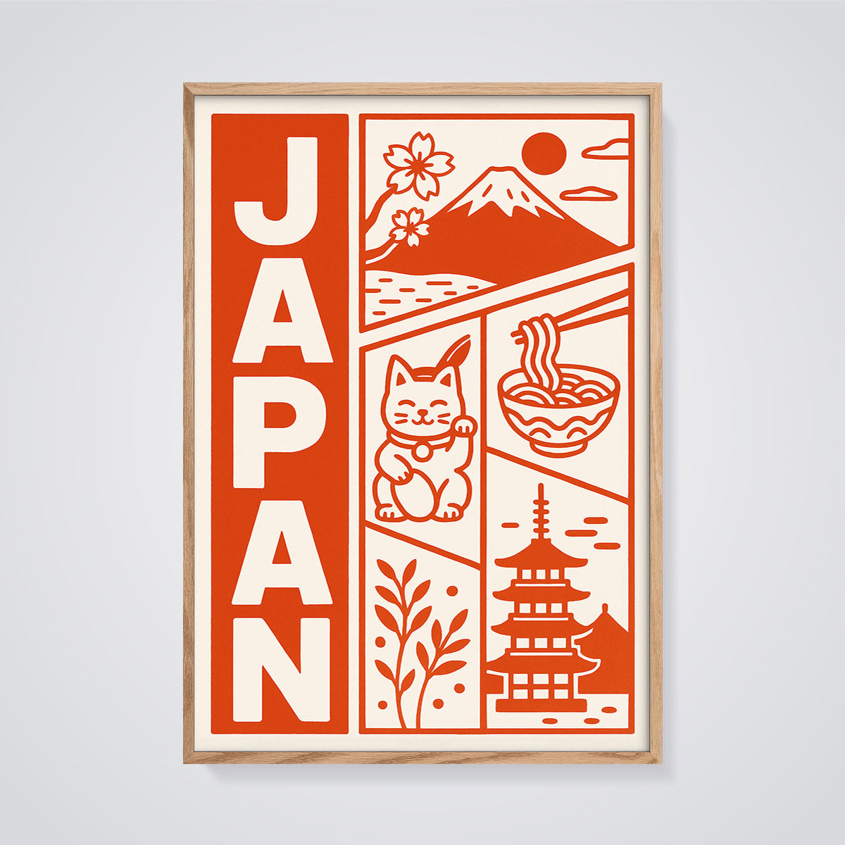 Japan Icons and Landmarks Print framed in oak on a grey background