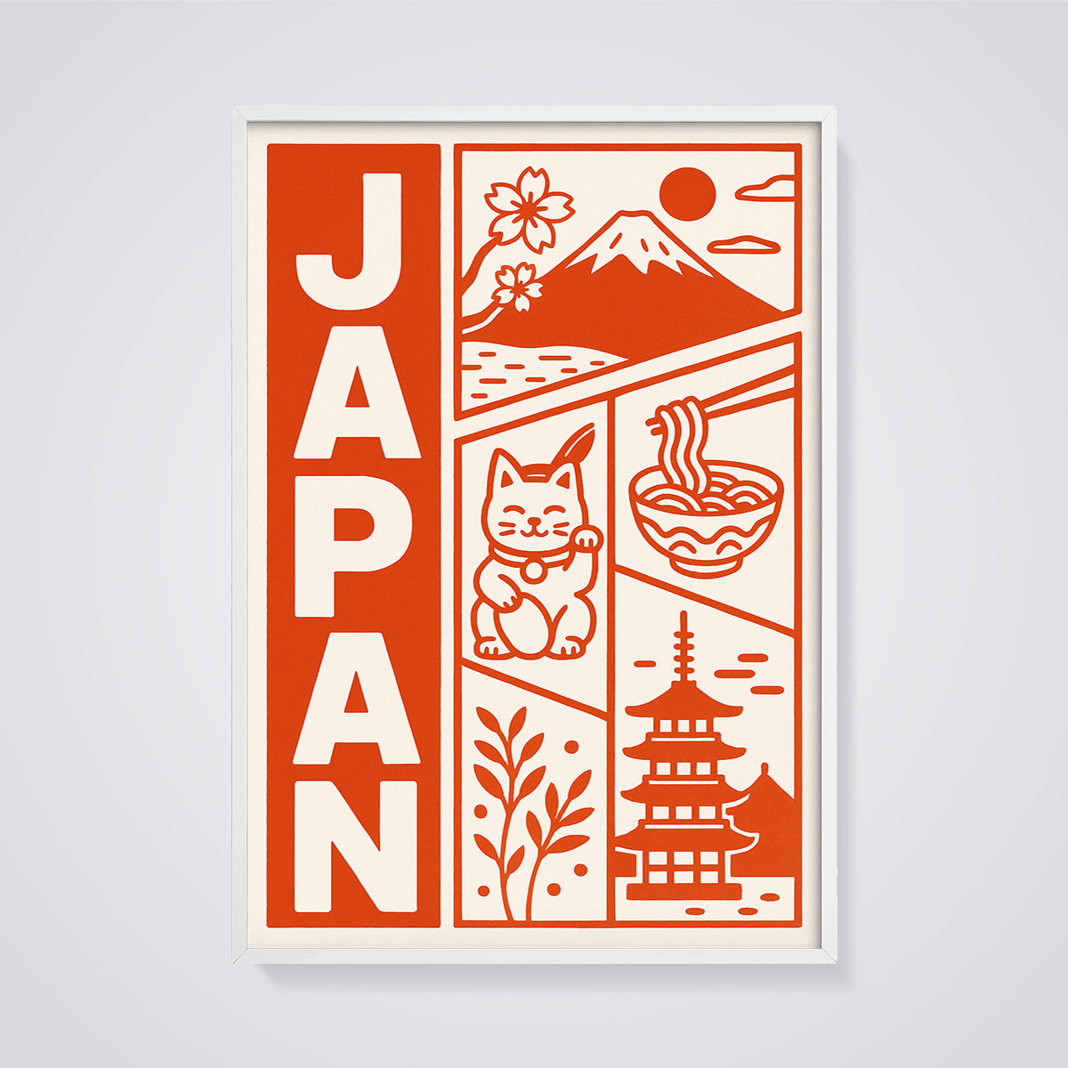 Japan Icons and Landmarks Print framed in white on a grey background
