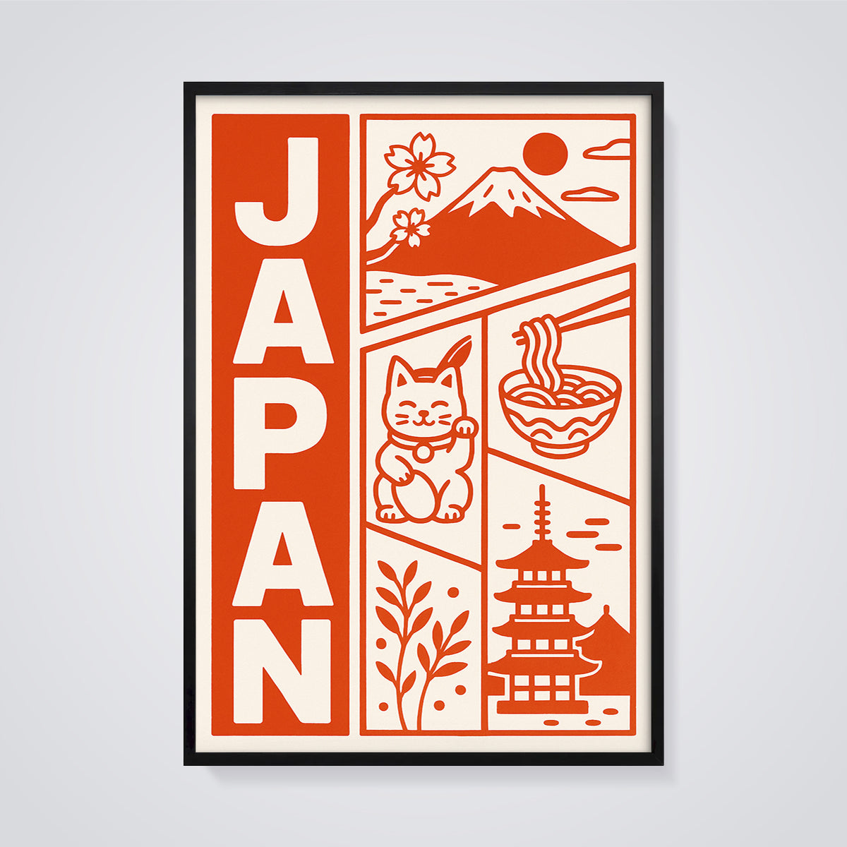 Japan Icons and Landmarks Print framed in black on a grey background