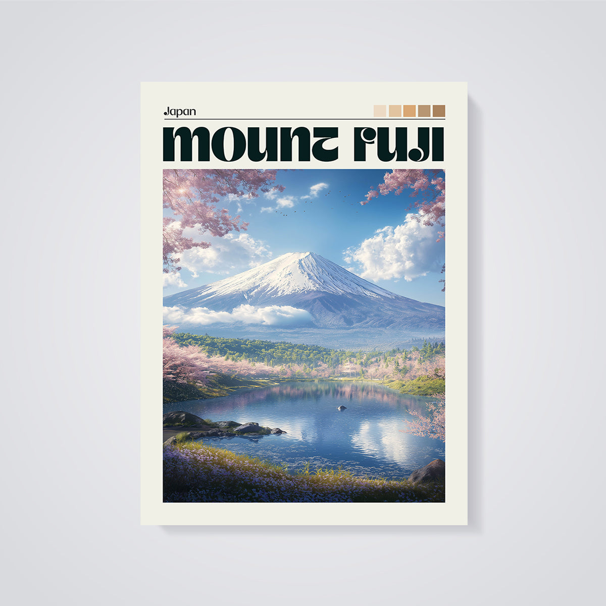 Japan Mount Fuji Cherry Blossom Print unframed on a grey background