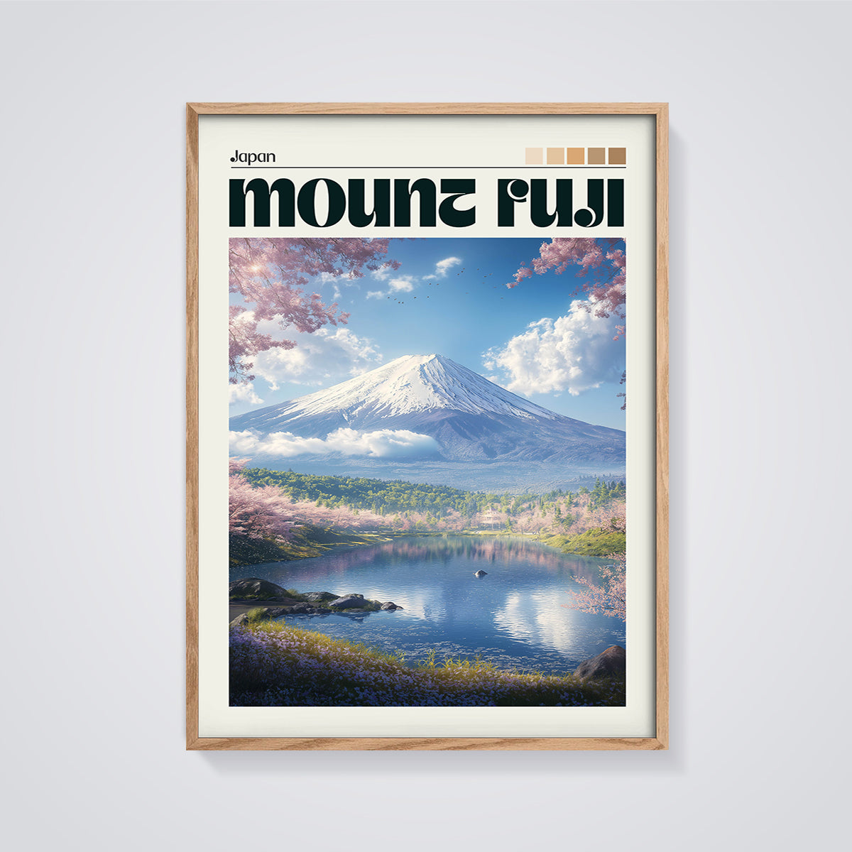 Japan Mount Fuji Cherry Blossom Print framed in oak on a grey background