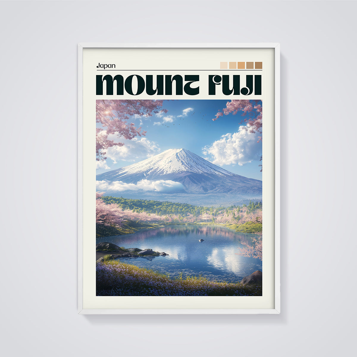 Japan Mount Fuji Cherry Blossom Print framed in white on a grey background