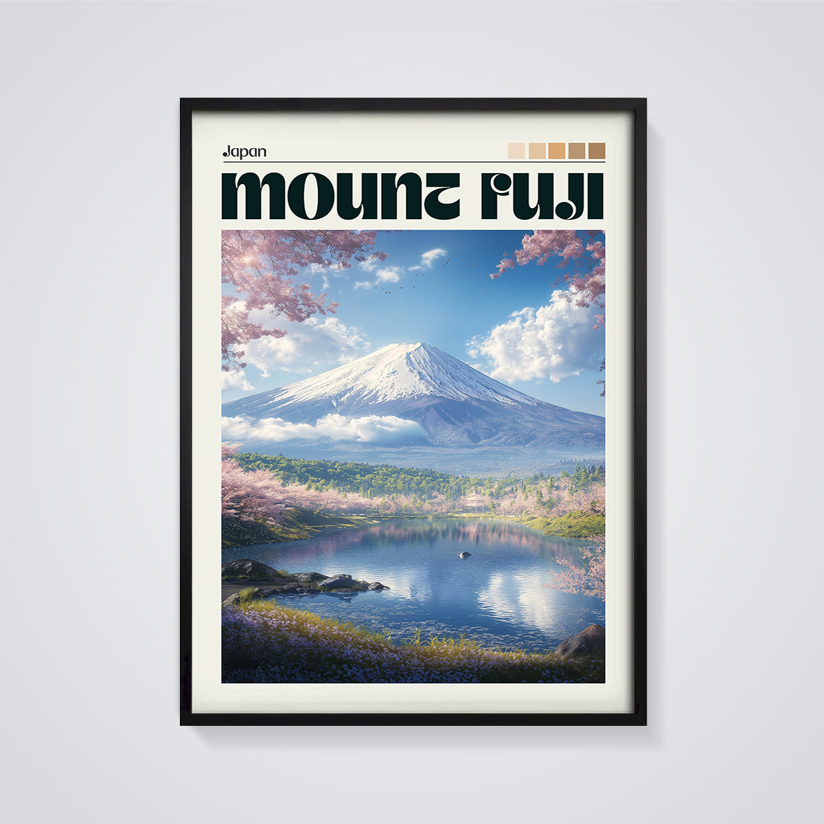 Japan Mount Fuji Cherry Blossom Print framed in black on a grey background