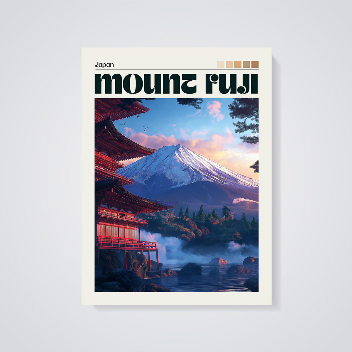 Japan Mount Fuji Temple Print unframed on a grey background