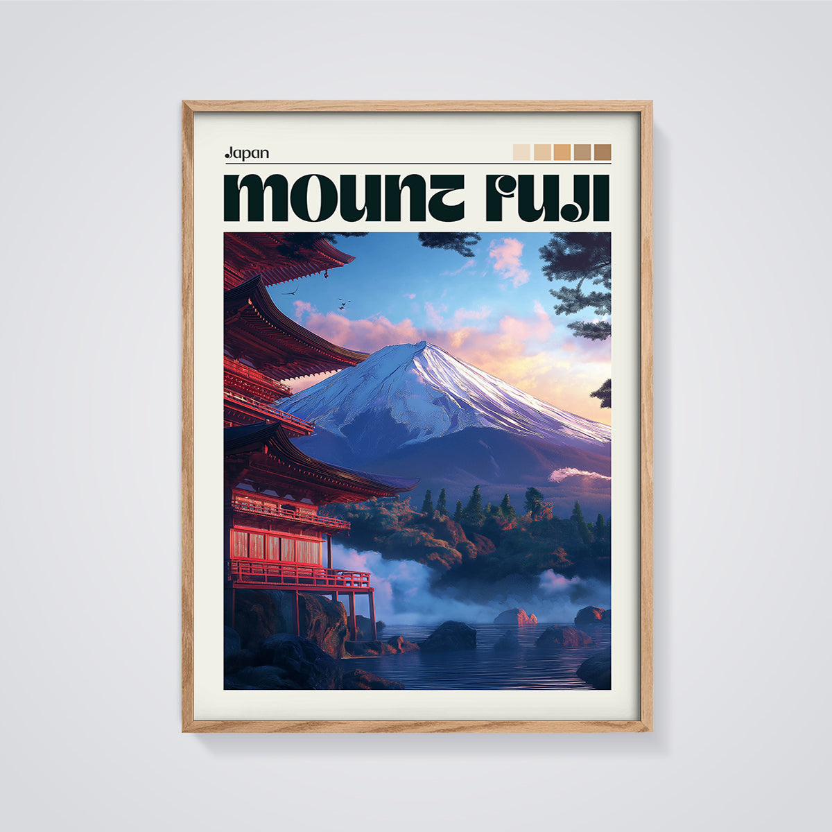 Japan Mount Fuji Temple Print framed in oak on a grey background