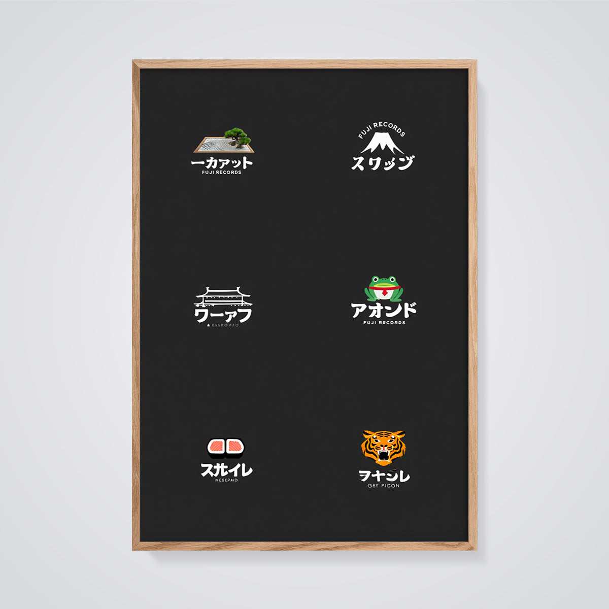 Japanese Cultural Icon Grid Print framed in oak on a grey background
