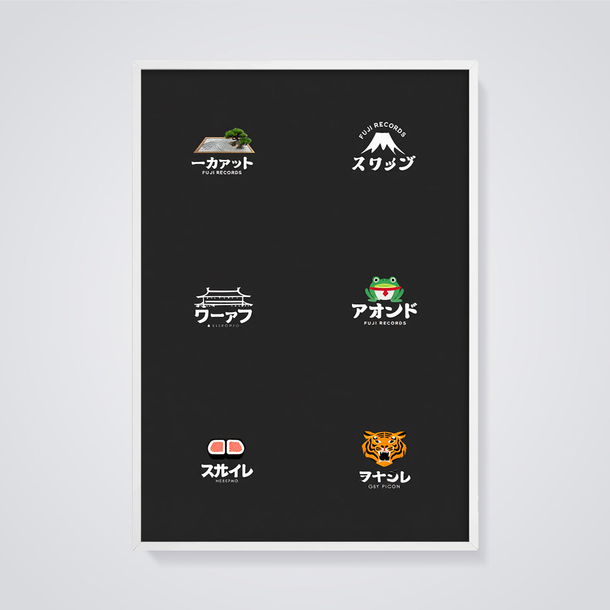 Japanese Cultural Icon Grid Print framed in white on a grey background