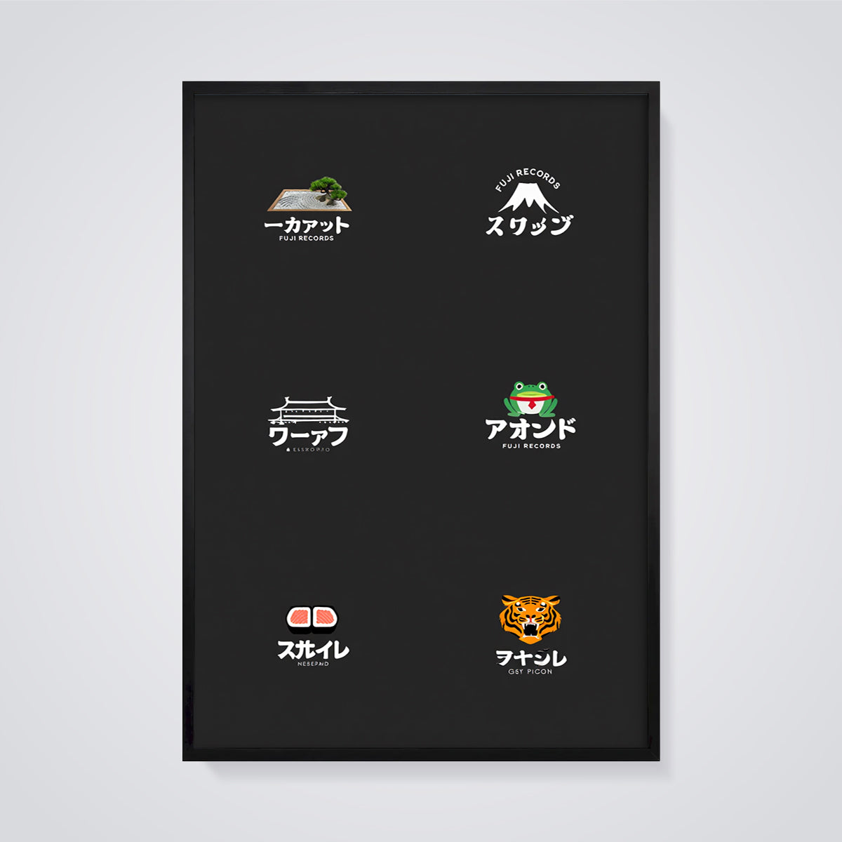 Japanese Cultural Icon Grid Print framed in black on a grey background
