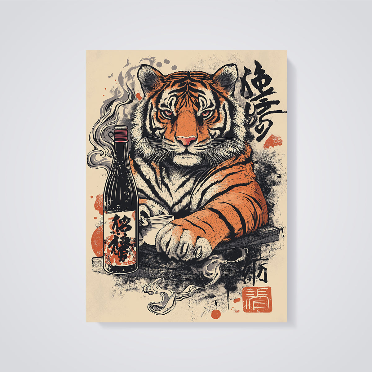 Japanese Tiger Sake Print unframed on a grey background