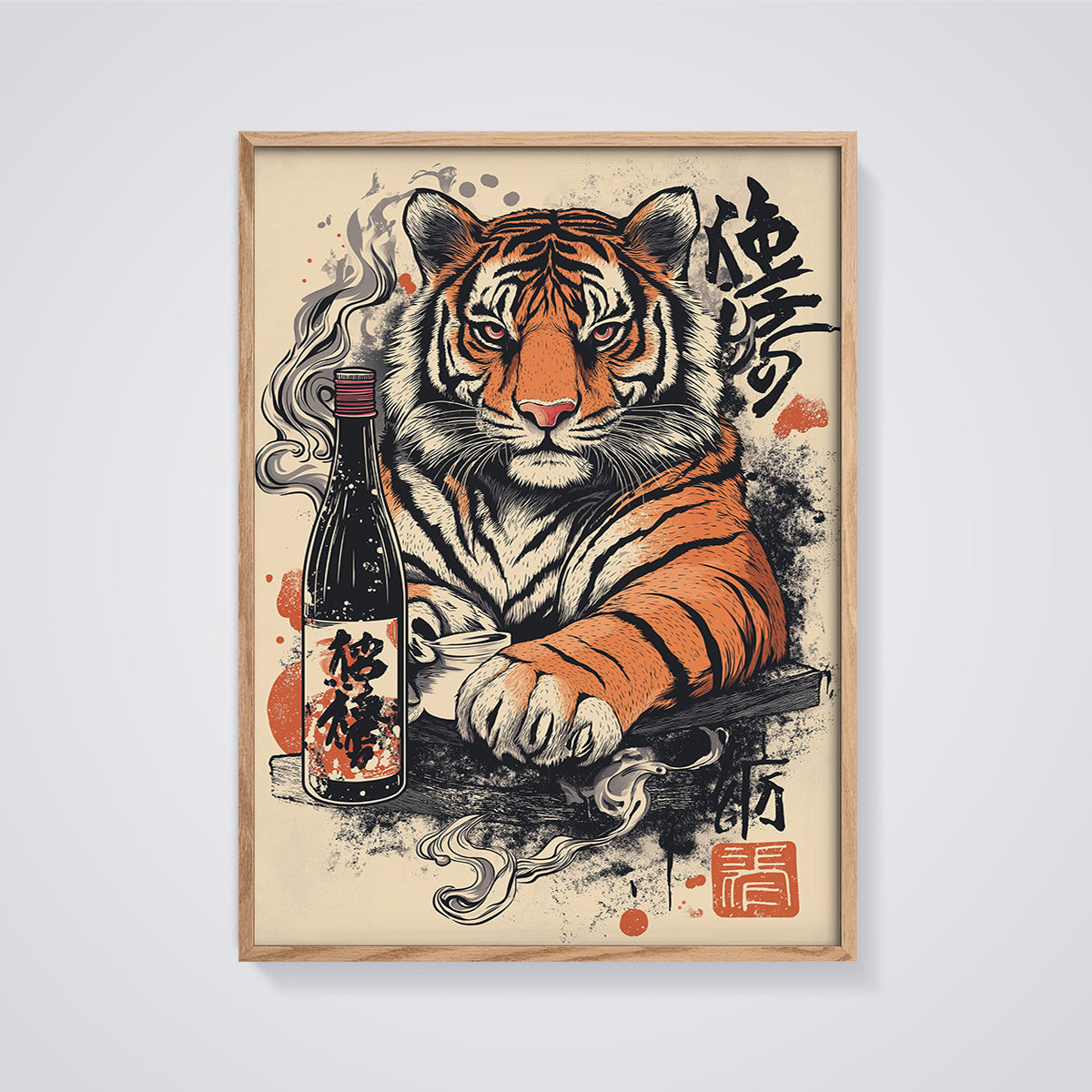 Japanese Tiger Sake Print framed in oak on a grey background