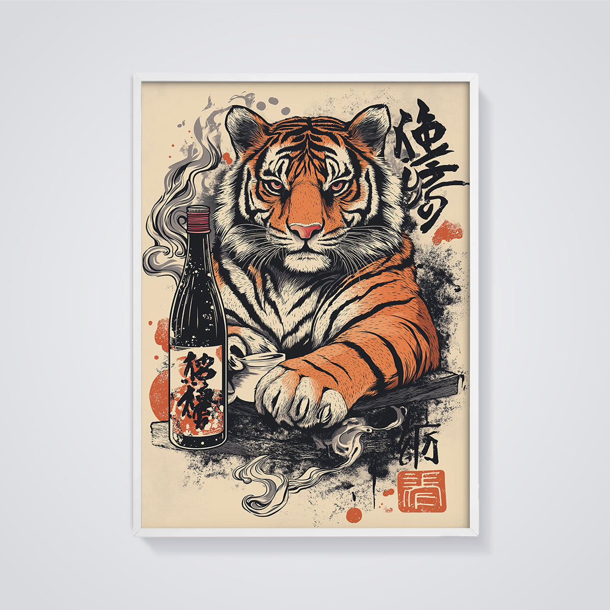 Japanese Tiger Sake Print framed in white on a grey background
