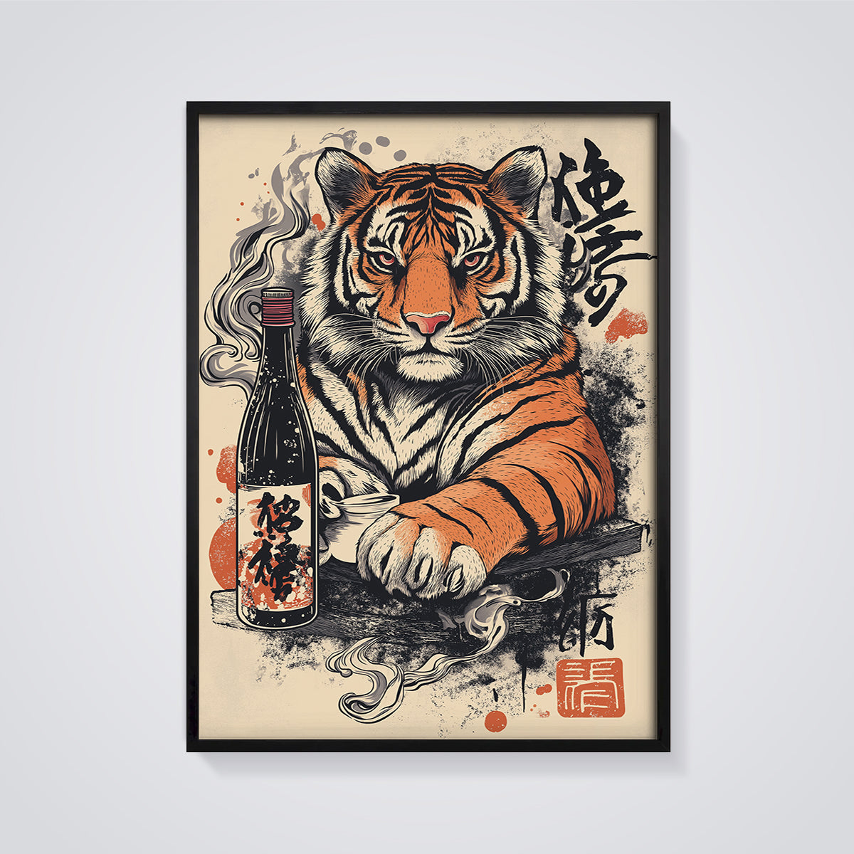 Japanese Tiger Sake Print framed in black on a grey background
