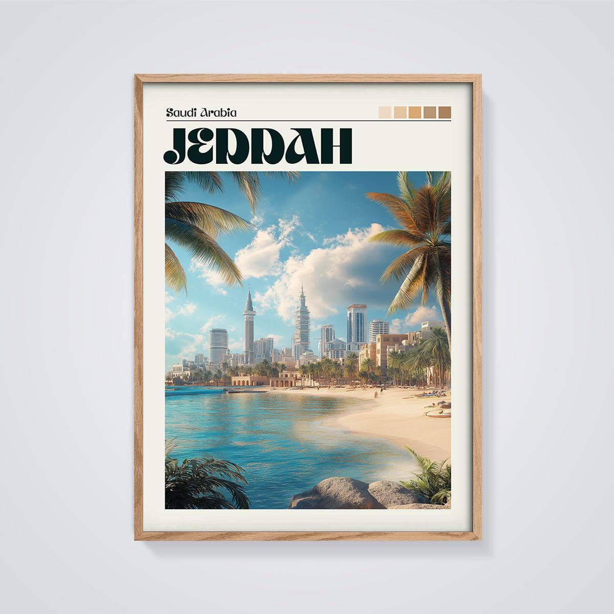 Jeddah Saudi Arabia City Print framed in oak on a grey background