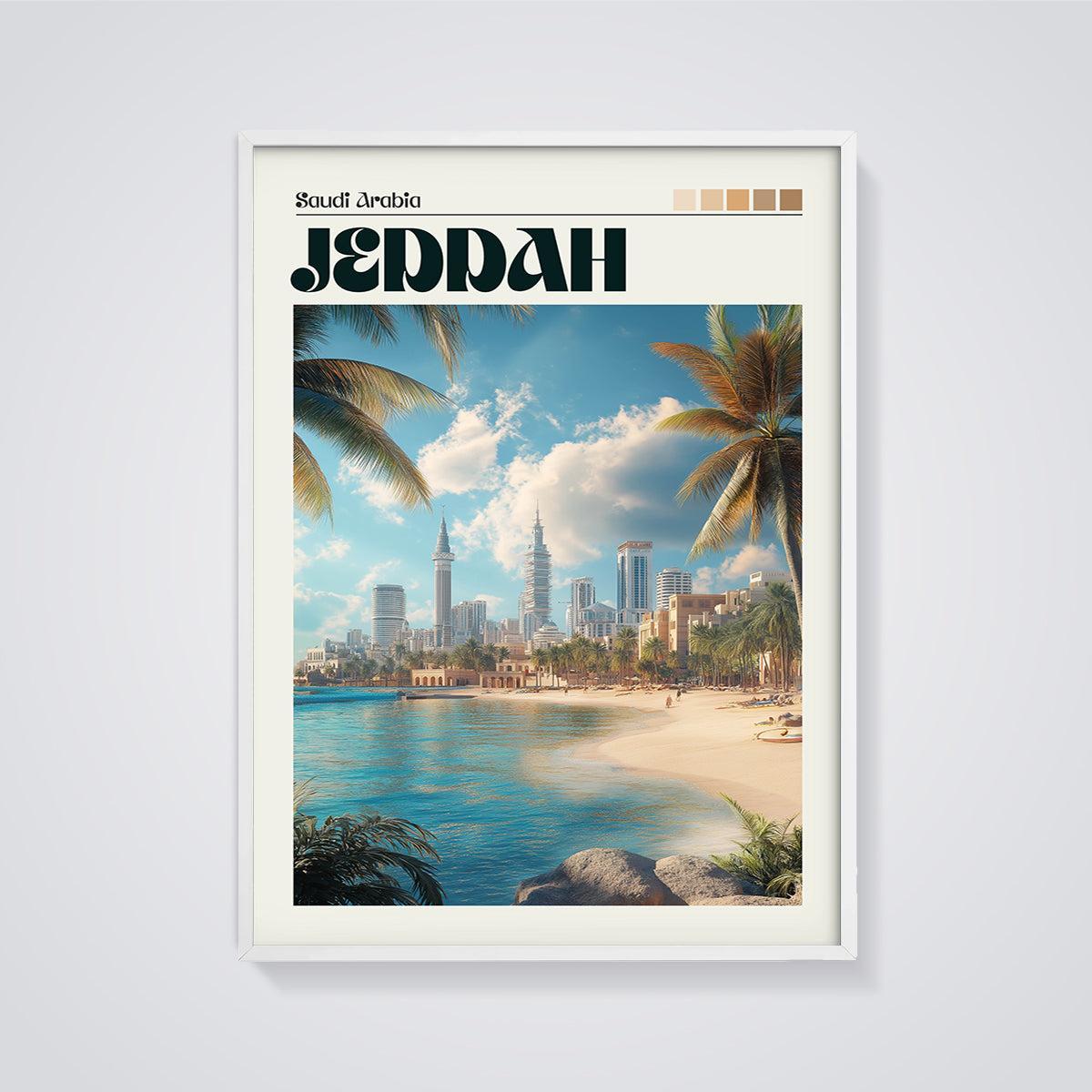 Jeddah Saudi Arabia City Print framed in white on a grey background