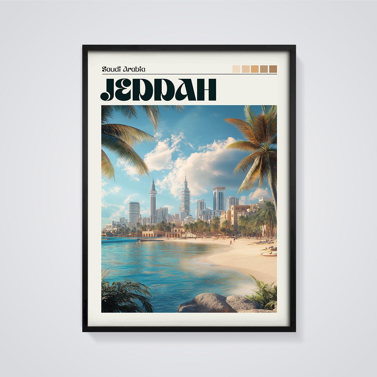 Jeddah Saudi Arabia City Print framed in black on a grey background