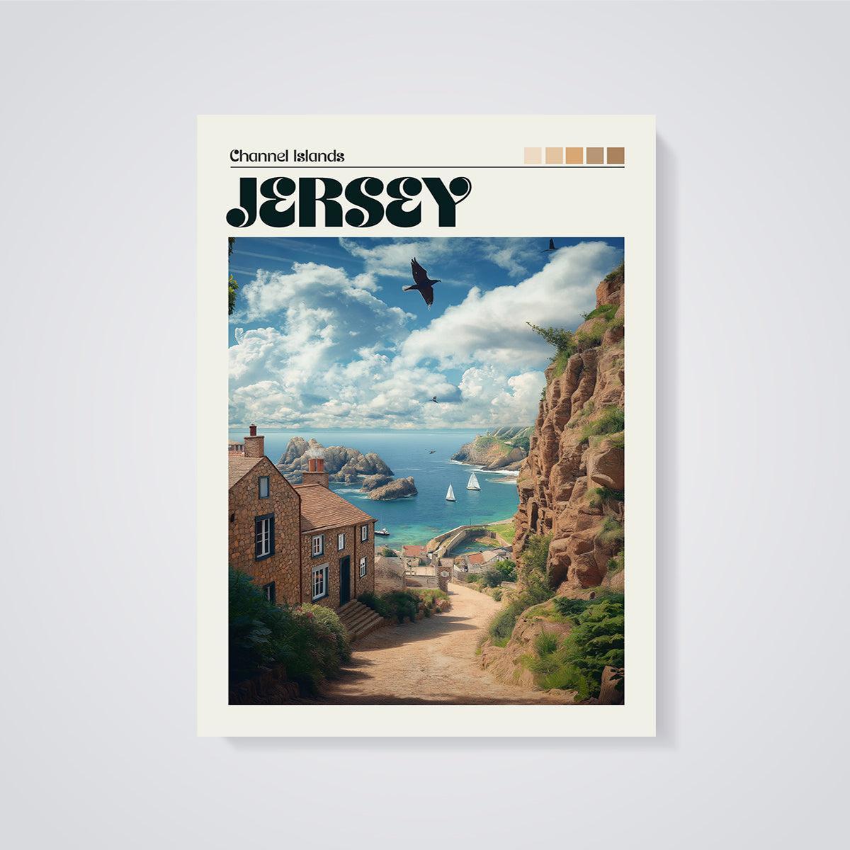 Jersey Island Cliffside Village Print unframed on a grey background