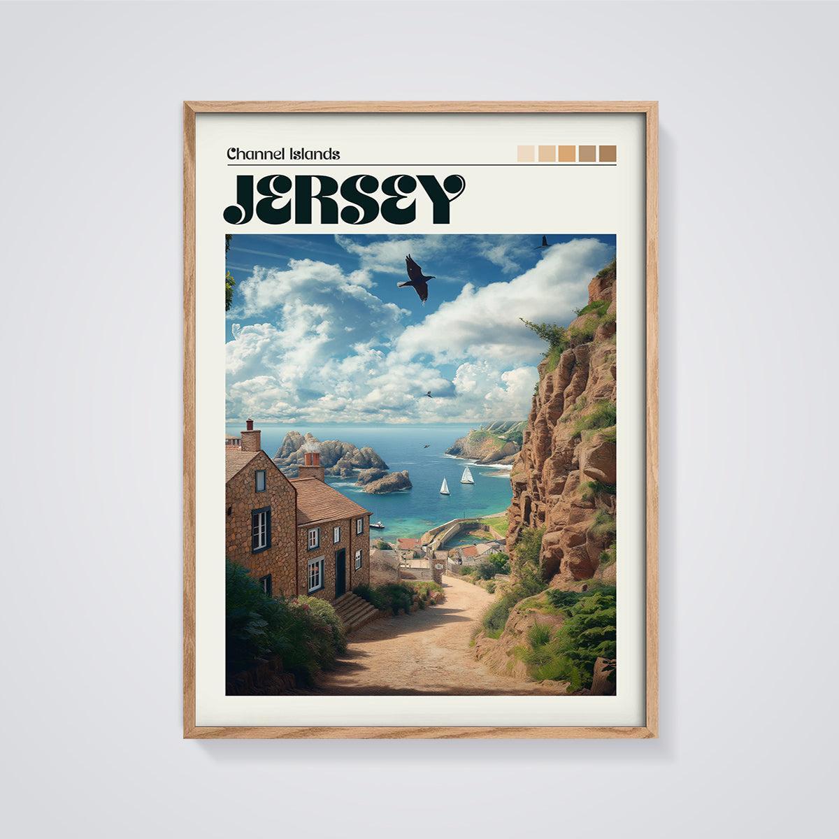 Jersey Island Cliffside Village Print framed in oak on a grey background