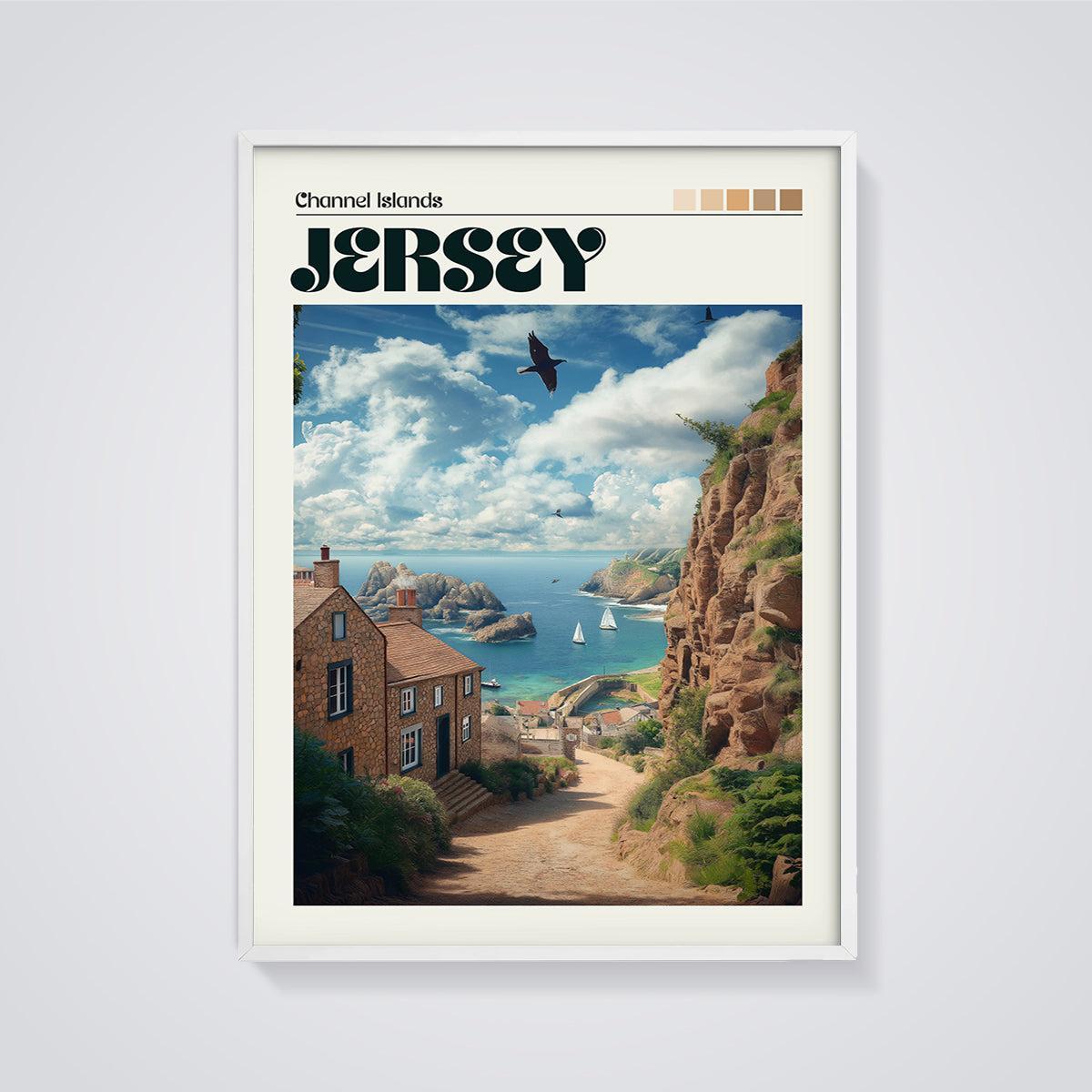 Jersey Island Cliffside Village Print framed in white on a grey background