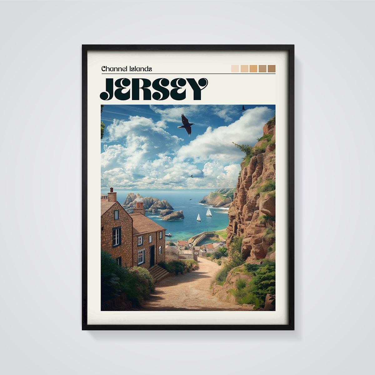 Jersey Island Cliffside Village Print framed in black on a grey background