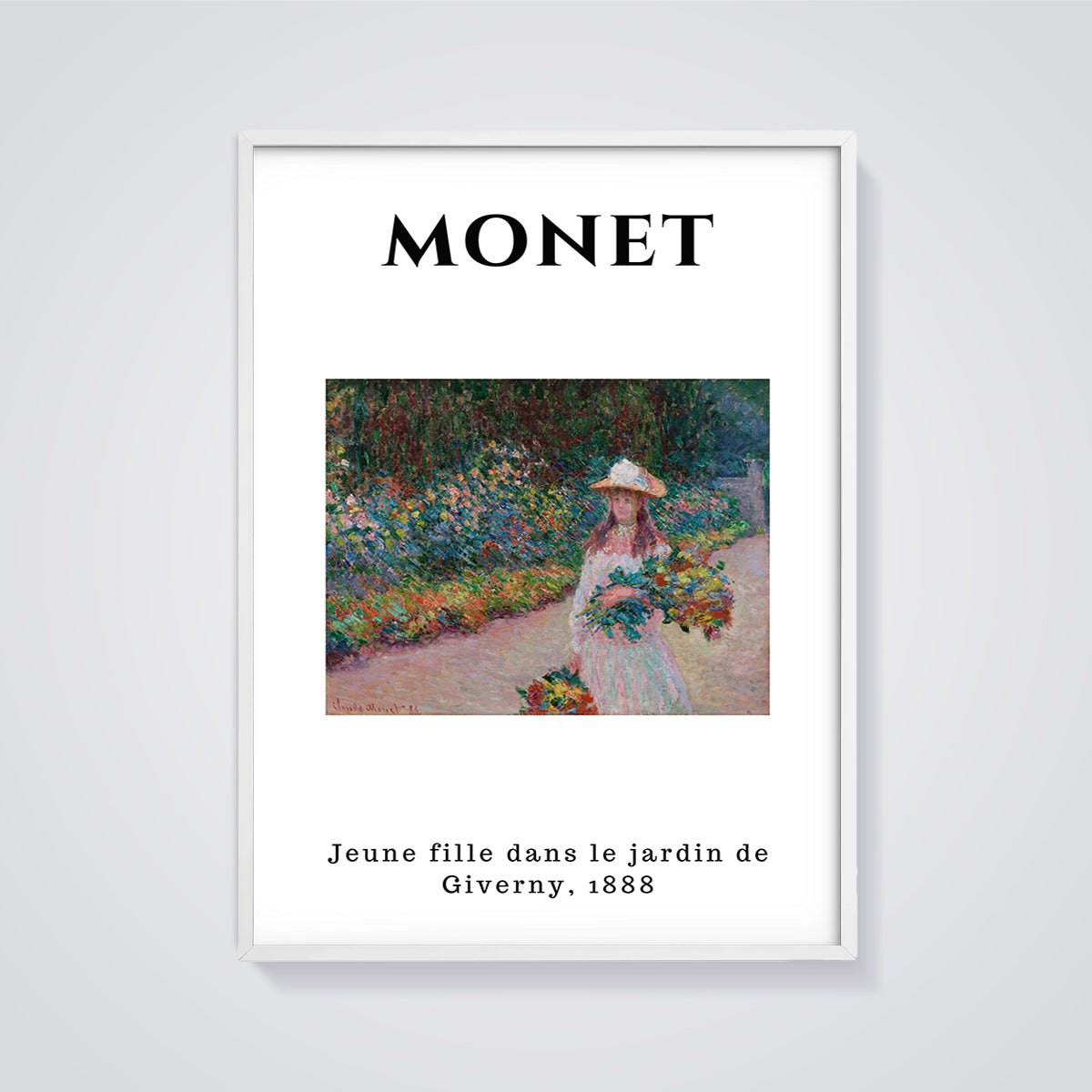 Jeune Fille dans le Jardin de Giverny Print framed in white on a grey background