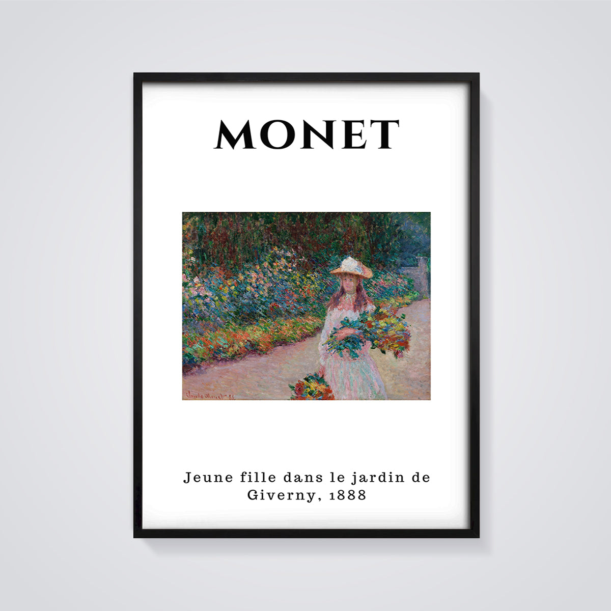 Jeune Fille dans le Jardin de Giverny Print framed in black on a grey background