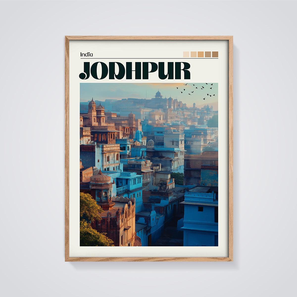Jodhpur Blue Cityscape Print framed in oak on a grey background