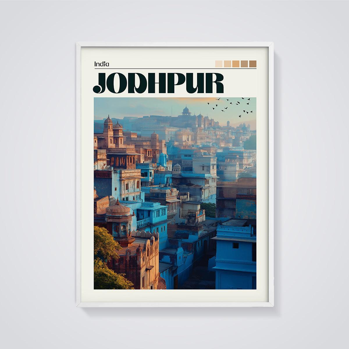 Jodhpur Blue Cityscape Print framed in white on a grey background