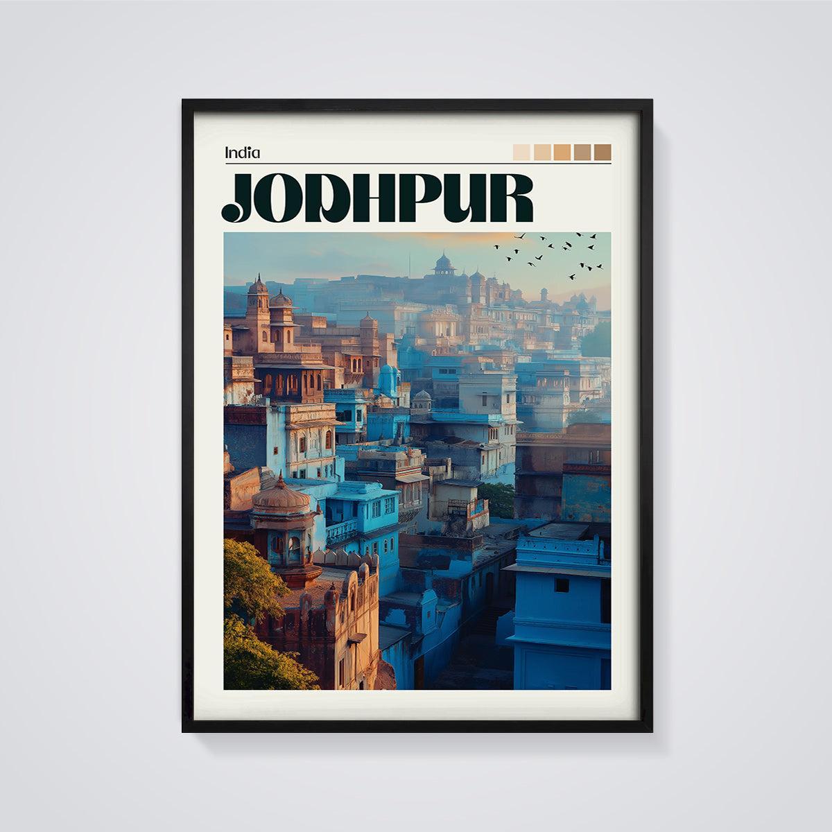 Jodhpur Blue Cityscape Print framed in black on a grey background