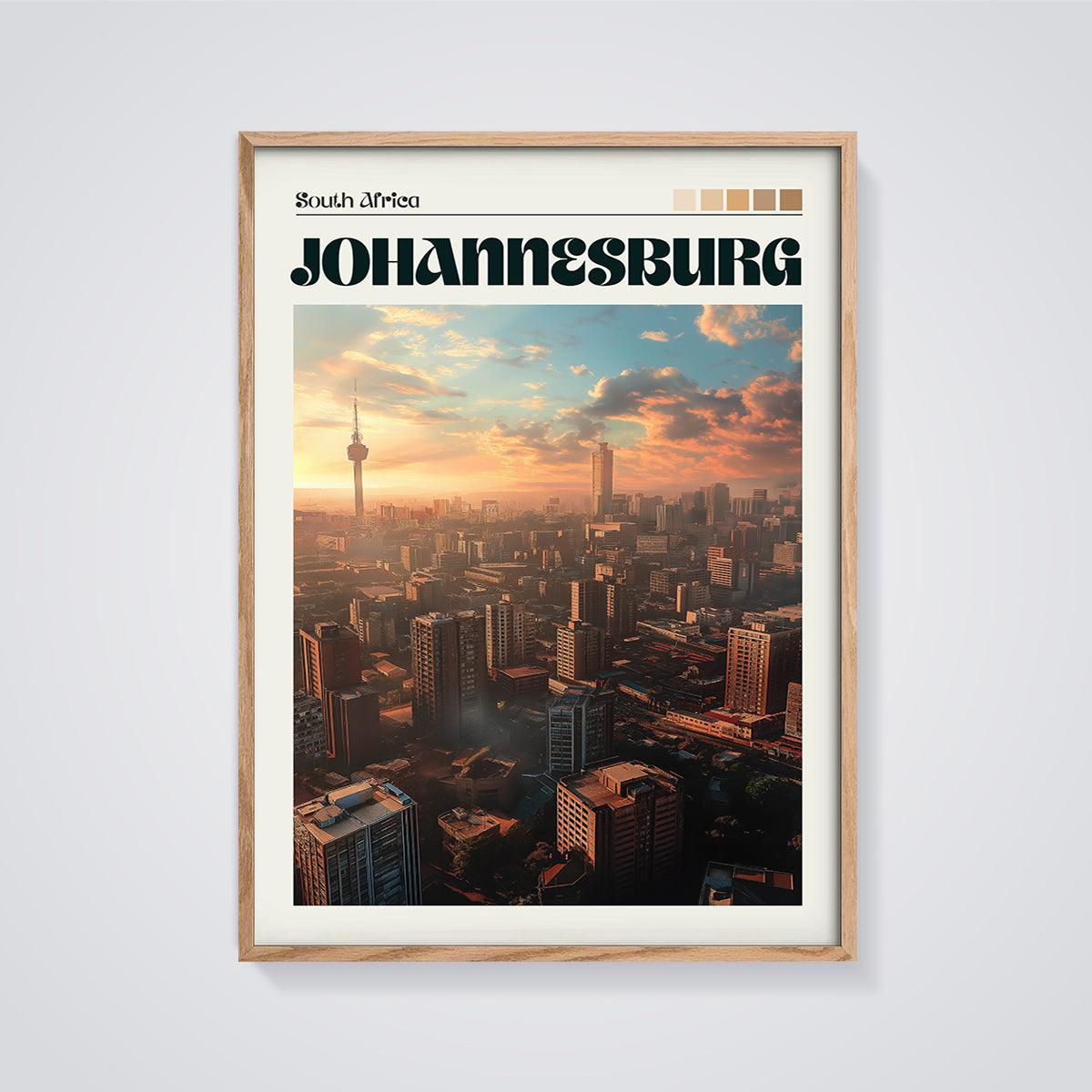 Johannesburg Sunset Cityscape Print framed in oak on a grey background