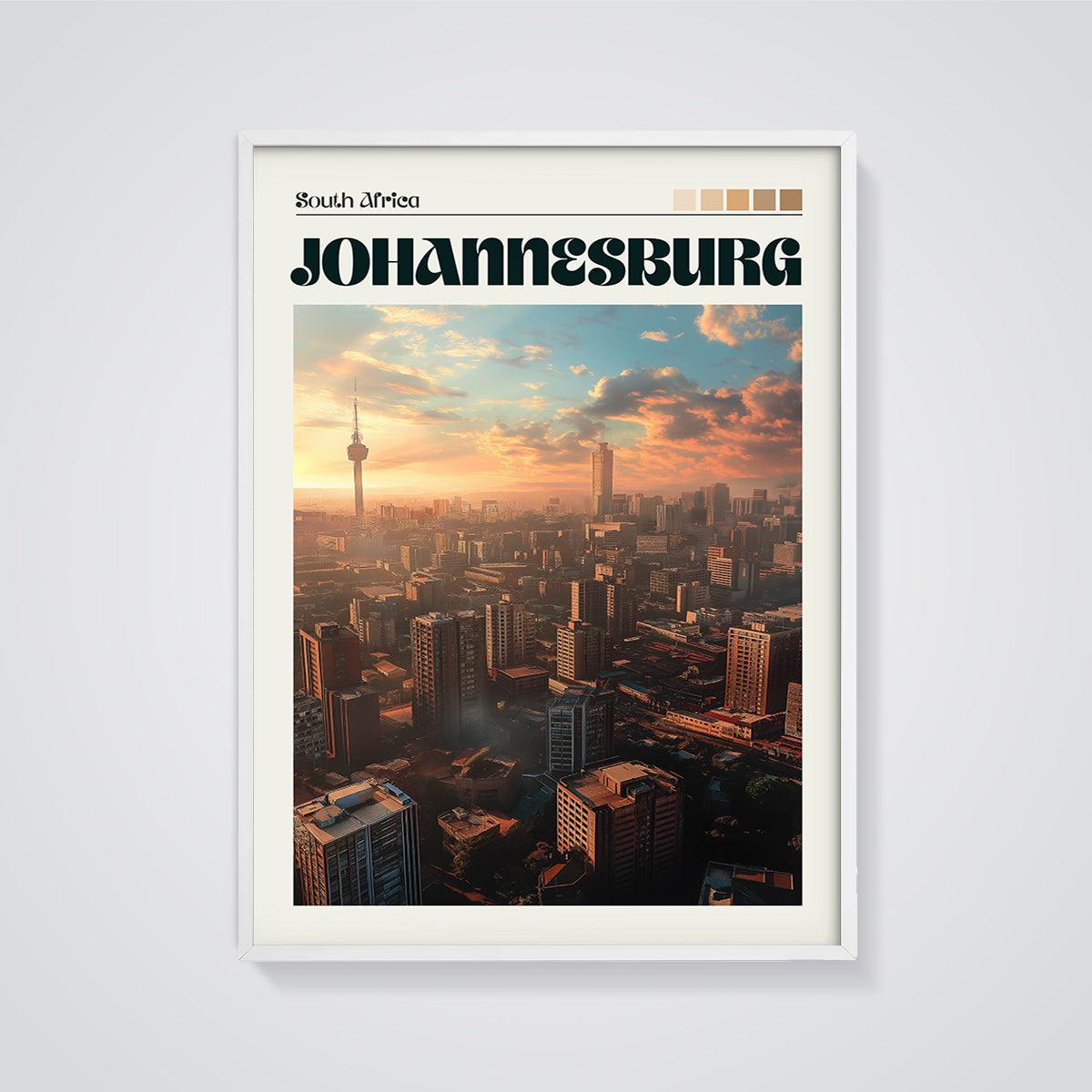 Johannesburg Sunset Cityscape Print framed in white on a grey background