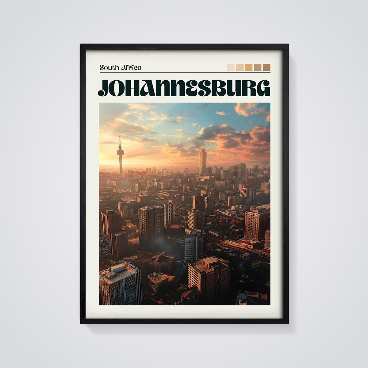 Johannesburg Sunset Cityscape Print framed in black on a grey background