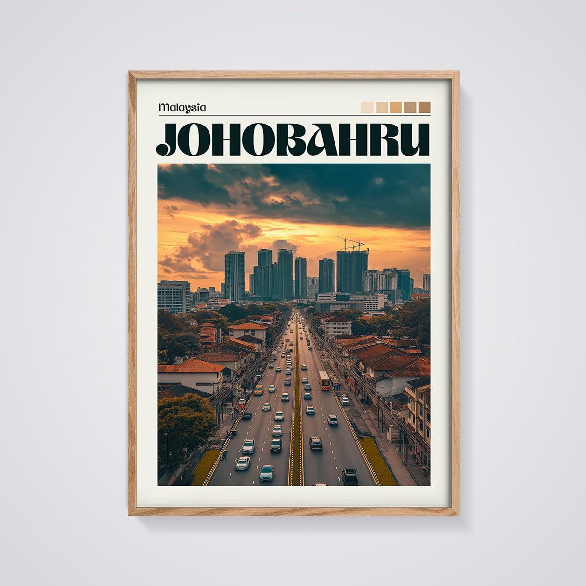 Johor Bahru Cityscape Sunset Print framed in oak on a grey background