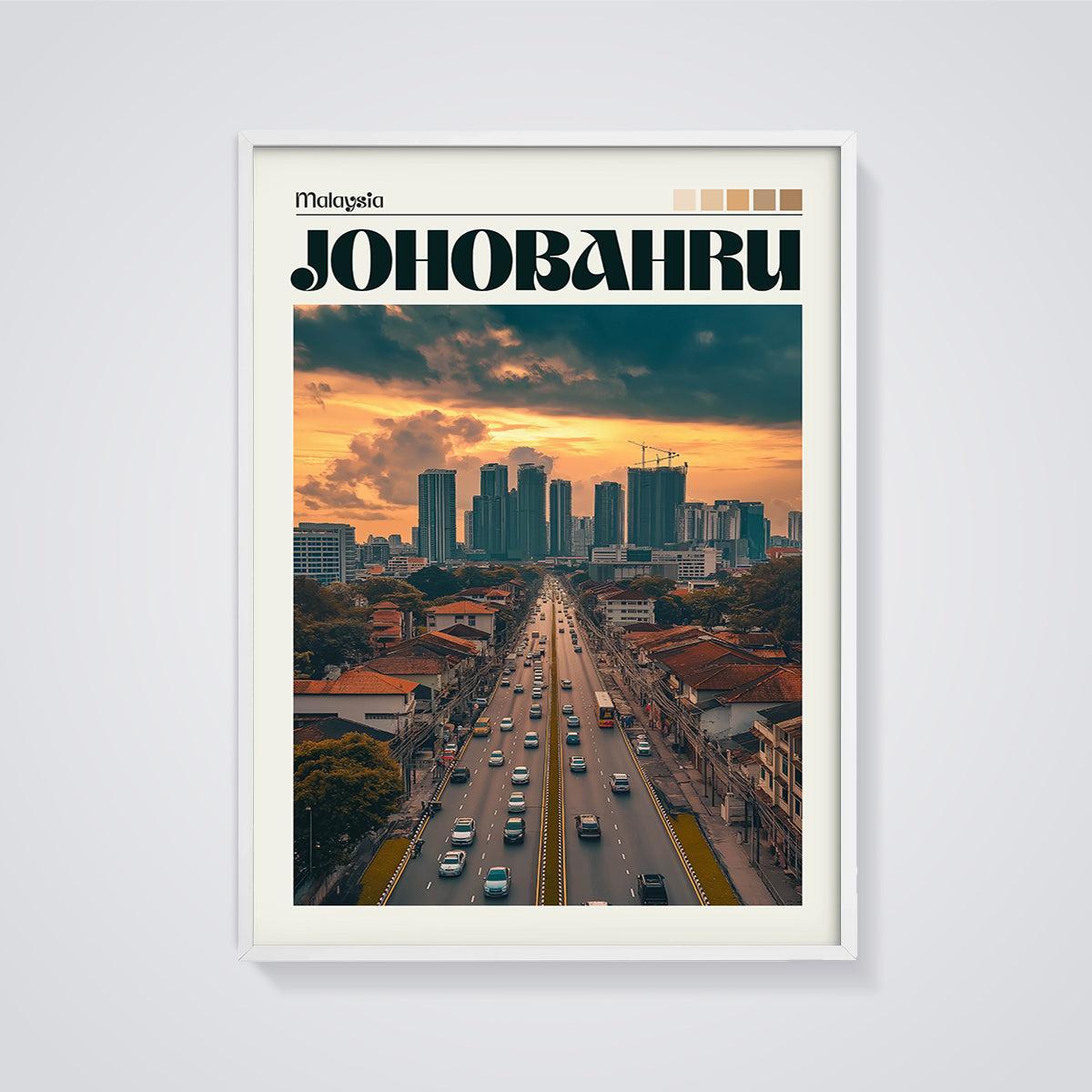 Johor Bahru Cityscape Sunset Print framed in white on a grey background