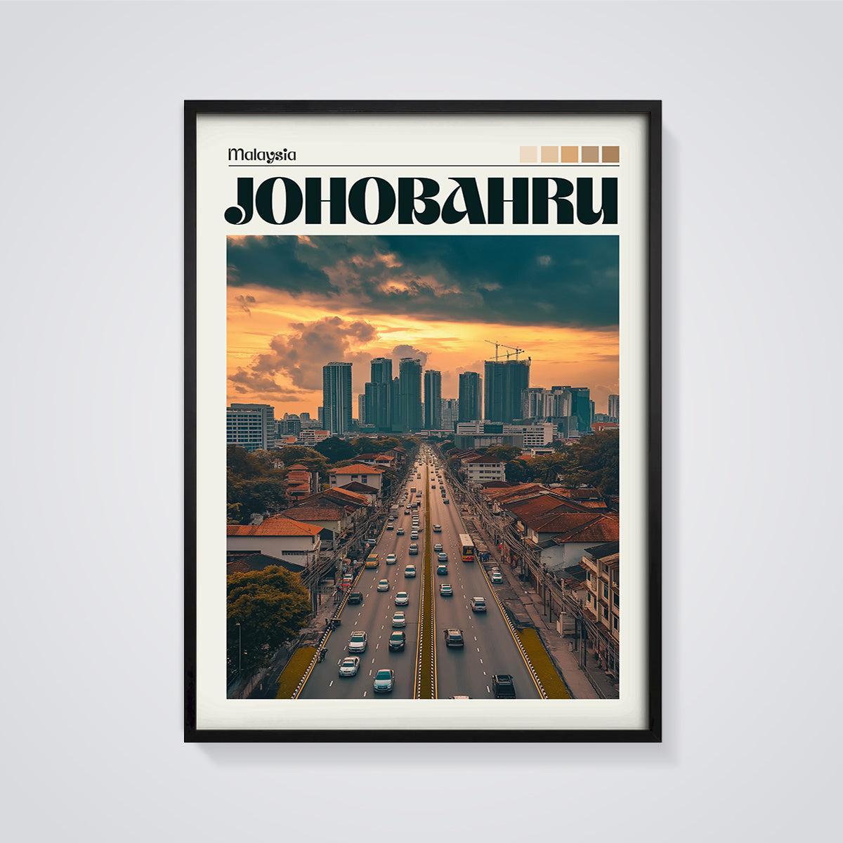 Johor Bahru Cityscape Sunset Print framed in black on a grey background