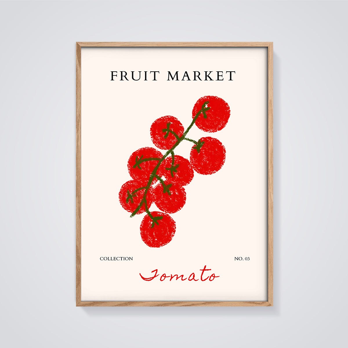 Jomato Fruit Market Print framed in oak on a grey background