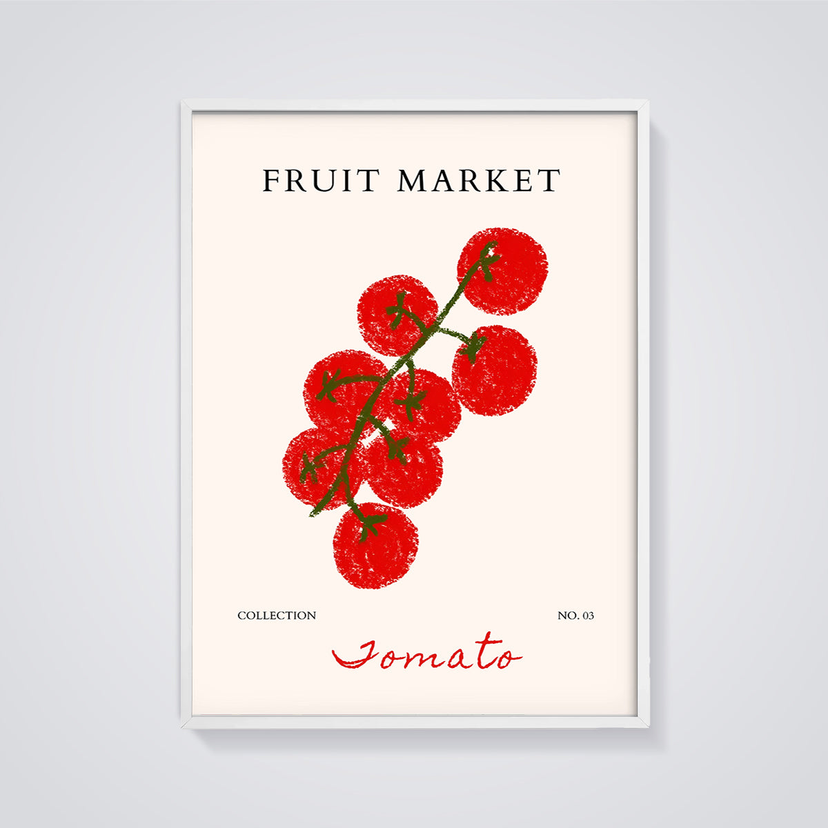 Jomato Fruit Market Print framed in white on a grey background