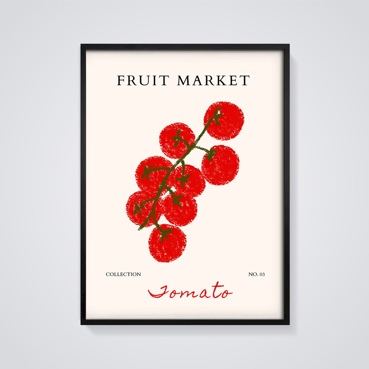 Jomato Fruit Market Print framed in black on a grey background