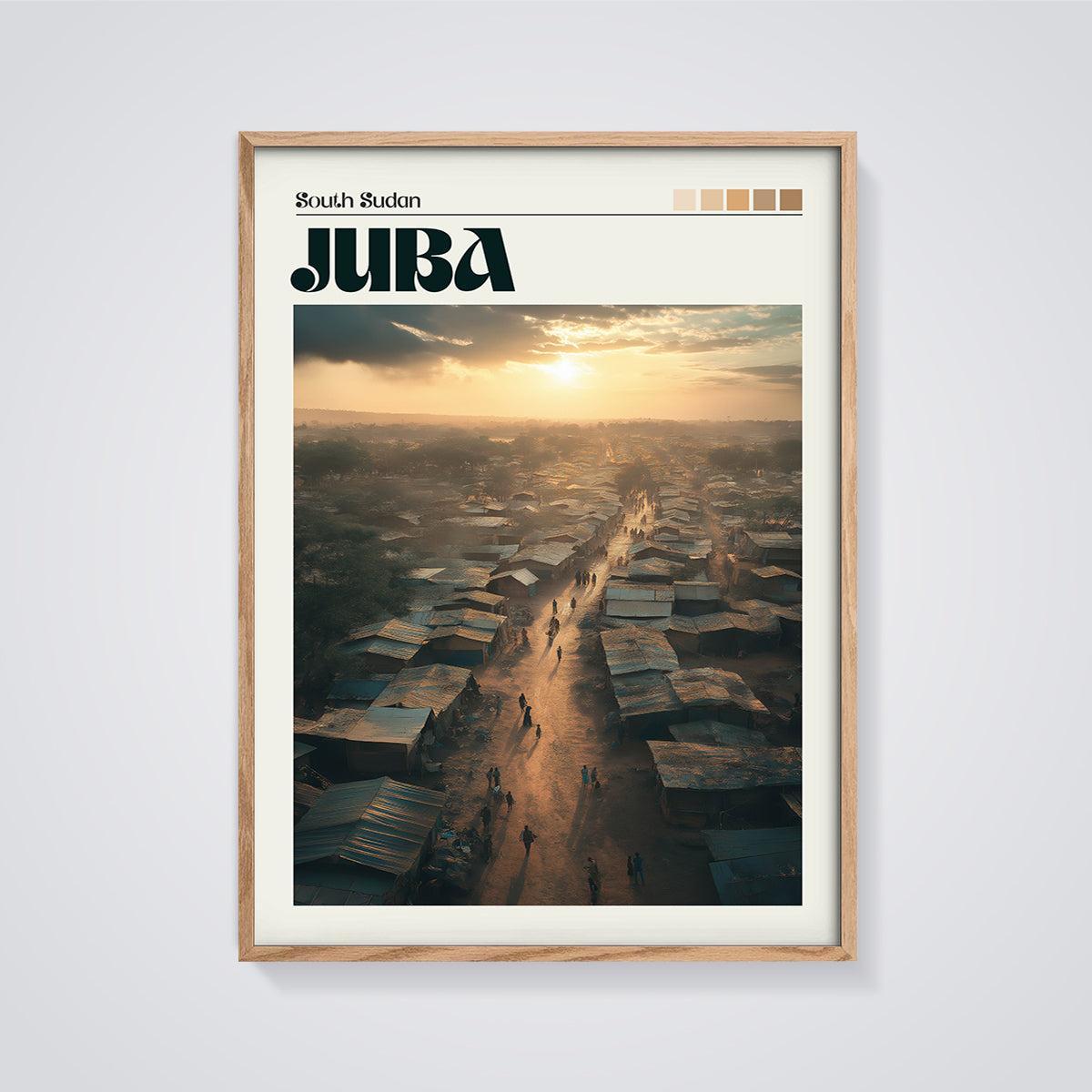 Juba South Sudan Sunset Town Print framed in oak on a grey background