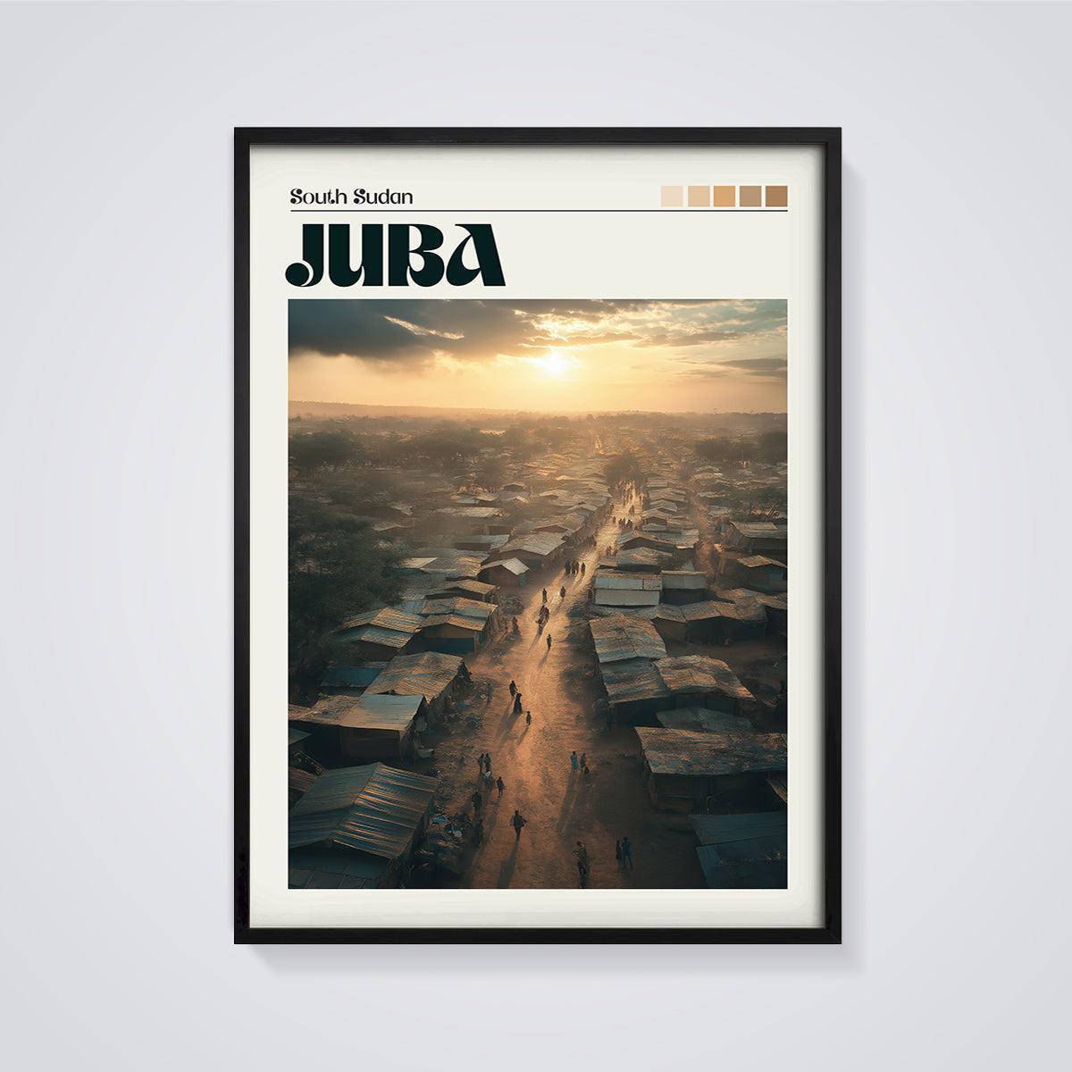 Juba South Sudan Sunset Town Print framed in black on a grey background