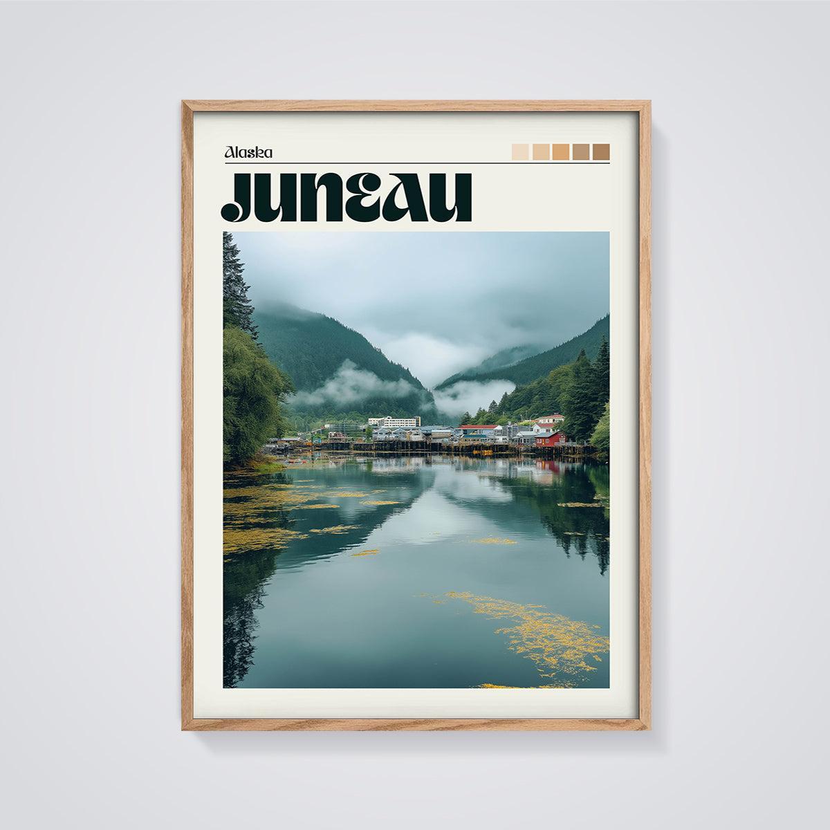 Juneau Alaska Waterfront Print framed in oak on a grey background