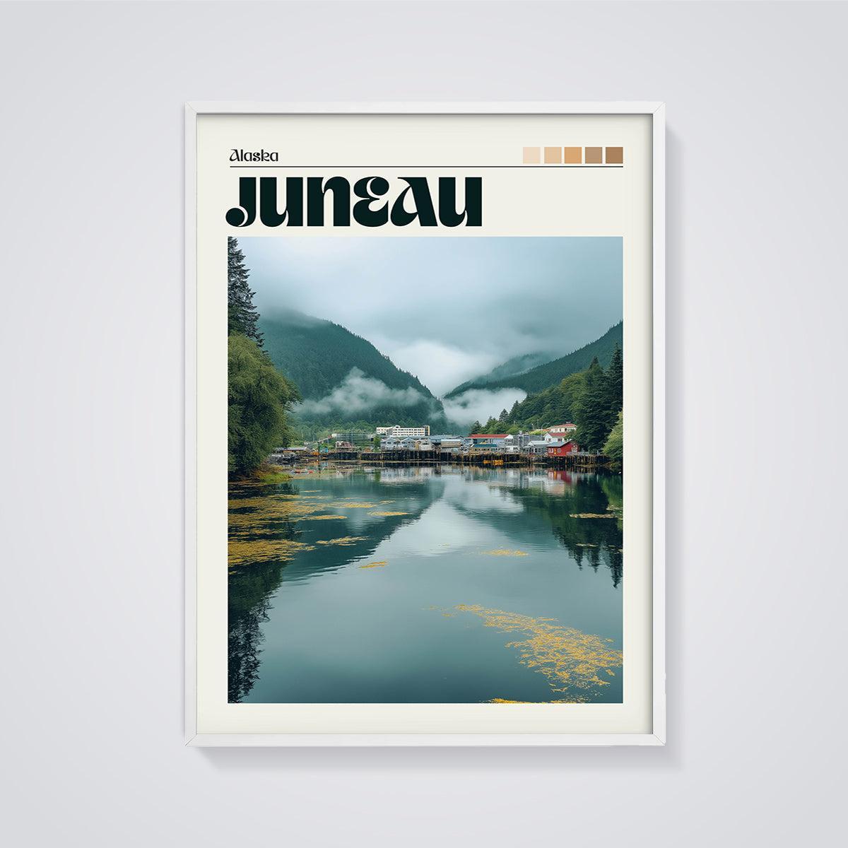 Juneau Alaska Waterfront Print framed in white on a grey background