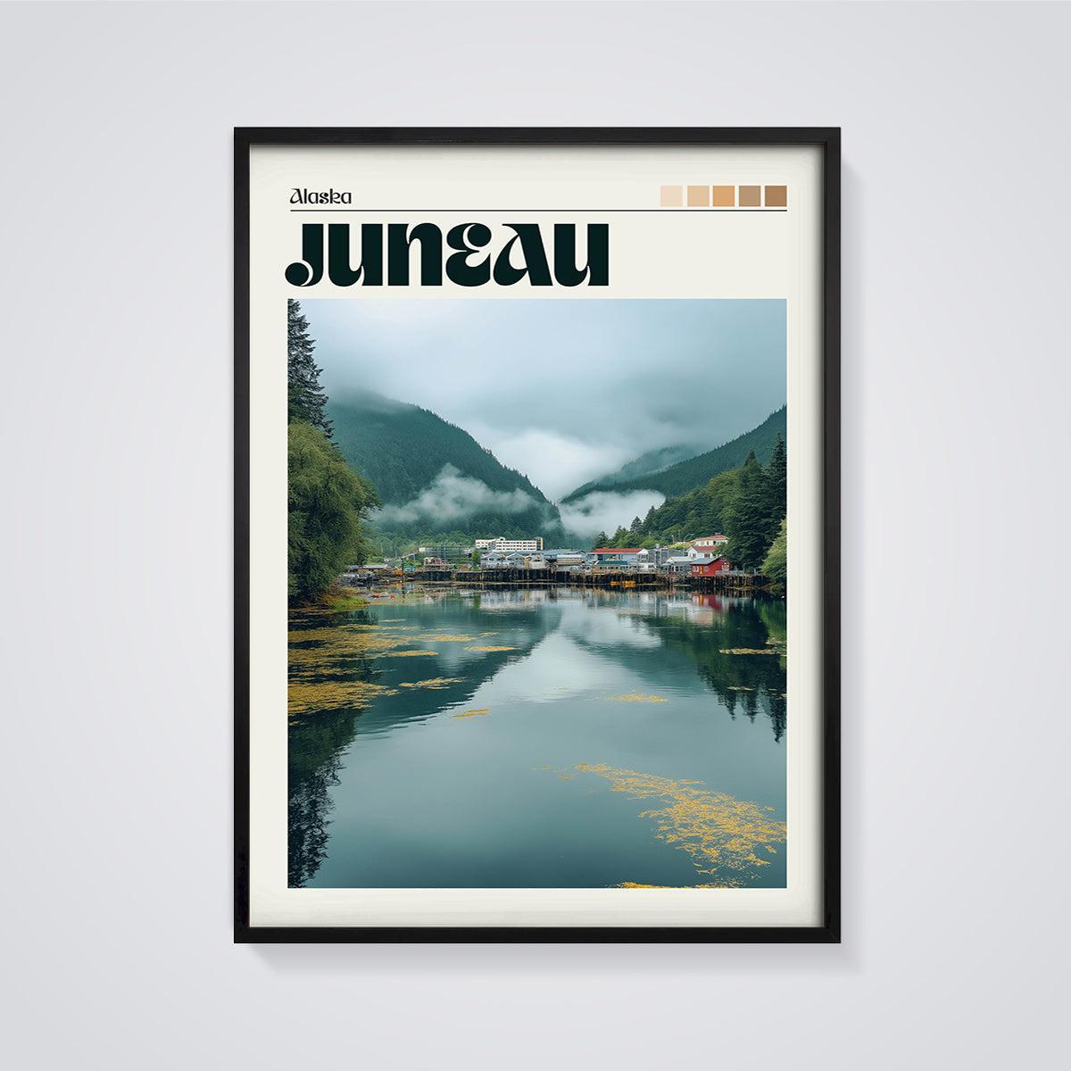 Juneau Alaska Waterfront Print framed in black on a grey background